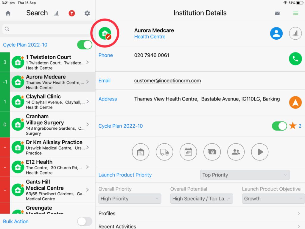 Institution Card - edit permissions are indicated by a "pencil" icon.