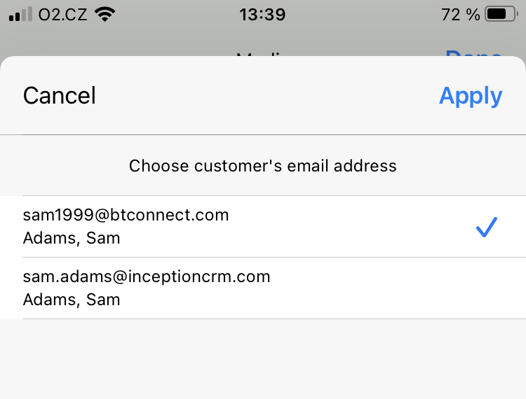 email address selection when sharing media