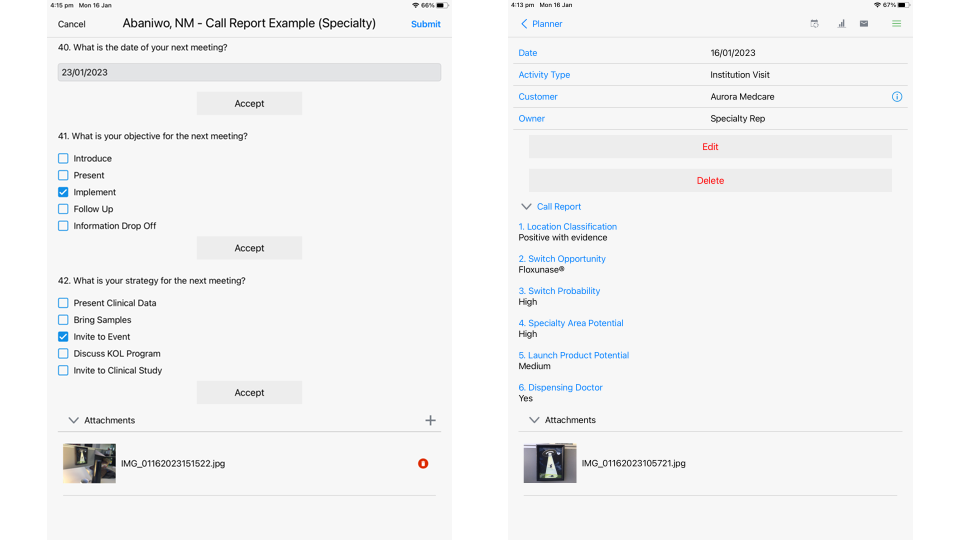 Thumbnails are now displayed for attachments in Call Reports (left) and call report transcripts embedded in the Activity Detail (right).