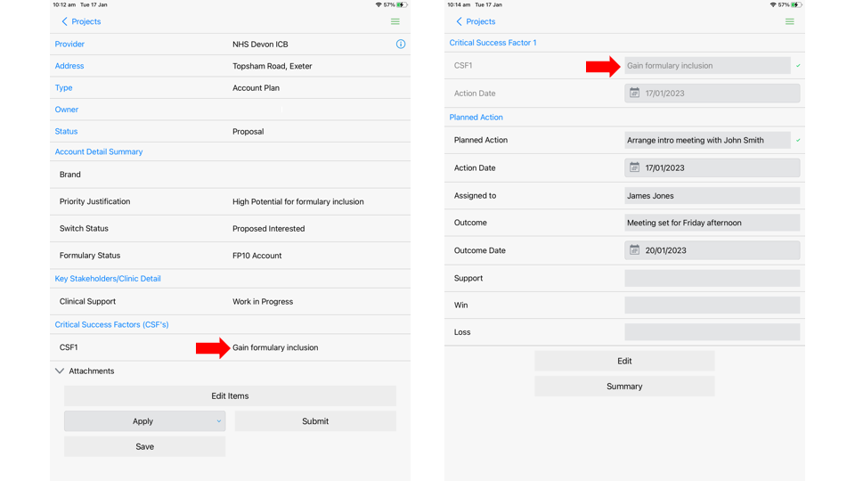 Example of a field in a parent form (left) displayed as a read-only field in a child form (right) 