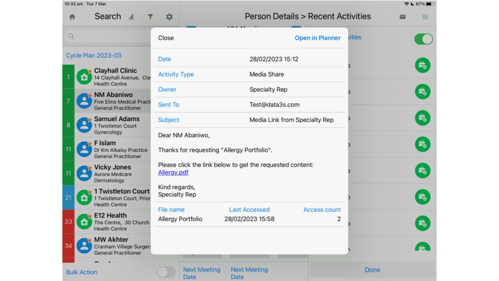 Screenshot from customer card showing a preview of sent approved email with shared media file. Statistics display the shared file name, the number of times it was downloaded, and the data and time of the last download.