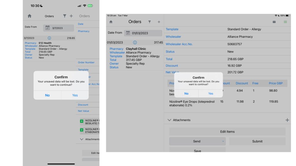 Screenshot from Orders showing a warning dialogue informing the user that they have unsaved changes. On the left is a screenshot taken on iPhone, on the right is a screenshot taken on iPad.