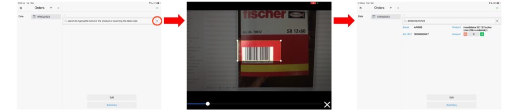 Sequence of screenshots showing the process by which a user can activate the scanning feature in Orders (right side of the product search bar), scan a product label (barcode), and view the looked-up product in the app (order form)