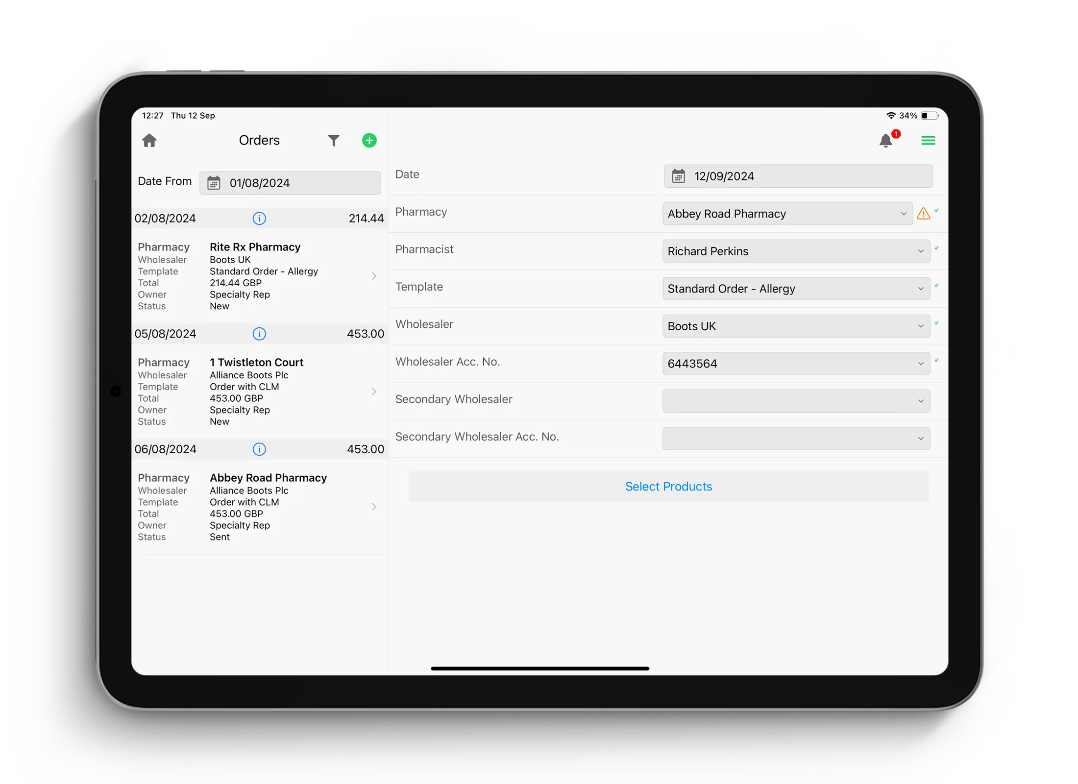 UI screen showing a screen from Inception CRM's Orders module