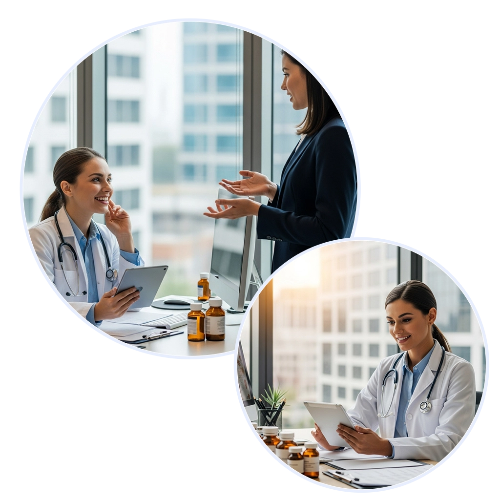 Pharma rep presenting to doctor in person and remotely with consistent content tracking on omnichannel pharma CRM.