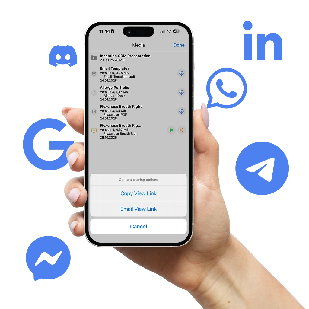 Omnichannel pharma CRM content-sharing UI screen on mobile.