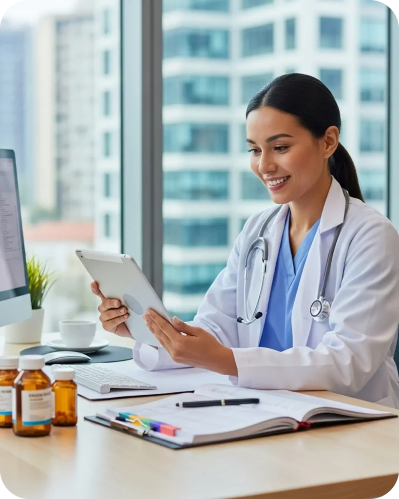 Healthcare professional reviewing information on a tablet in an omnichannel pharma CRM.