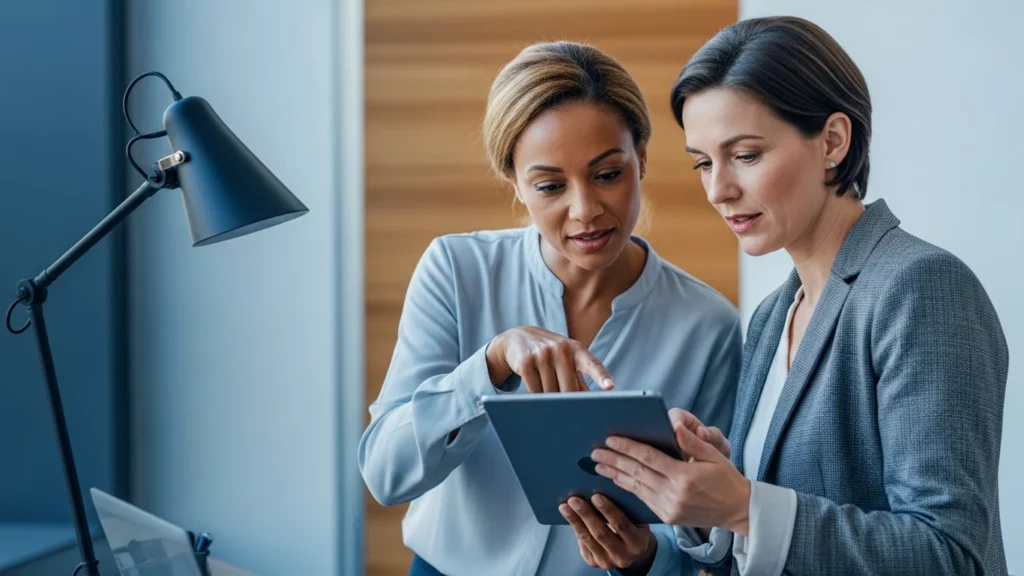Two mid-market pharmaceutical leaders looking at a tablet screen.