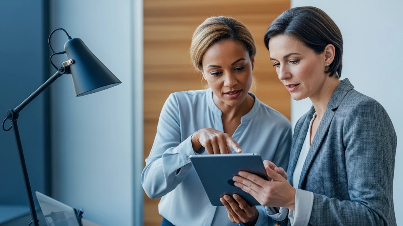 Two mid-market pharmaceutical leaders looking at a tablet screen.
