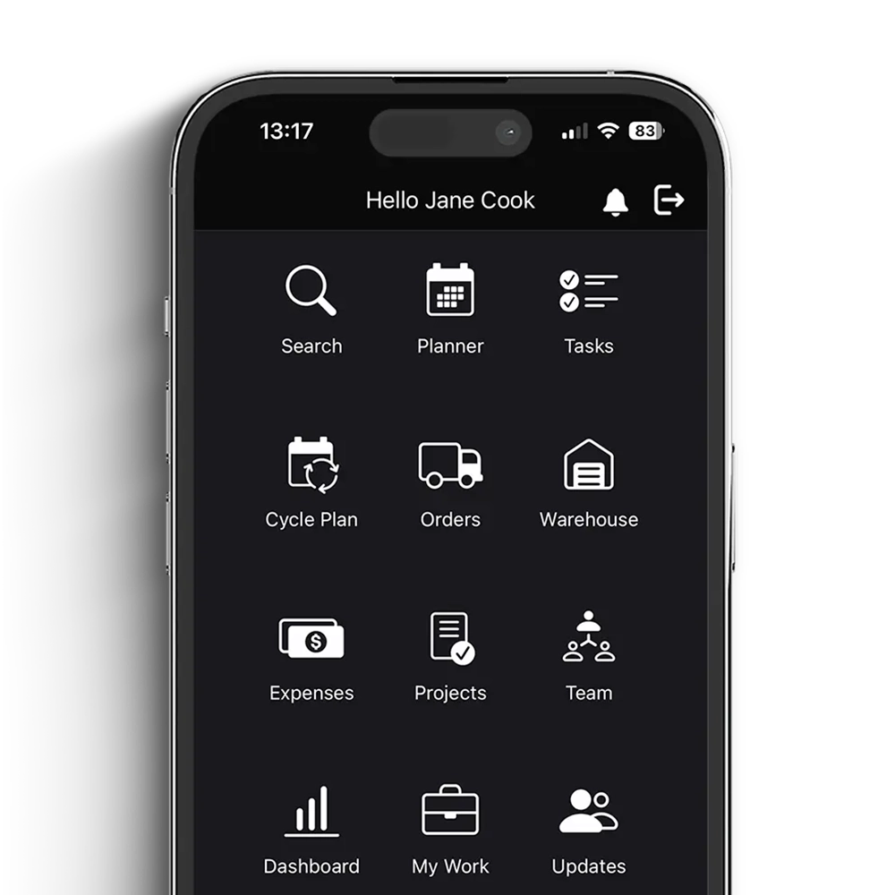 Pharma CRM mobile screen showing all modules.