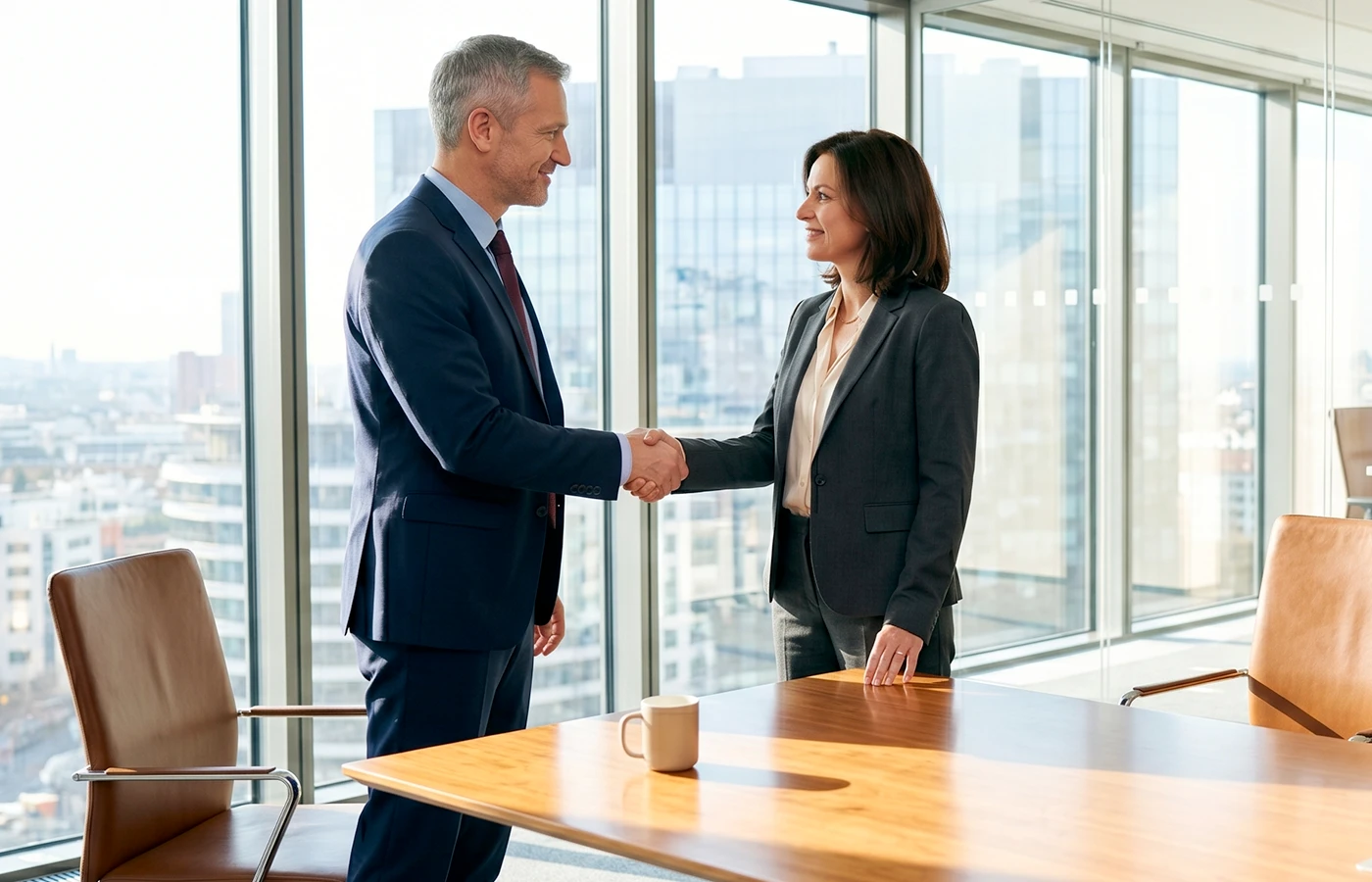 Two pharma leaders shaking hands in a corporate office