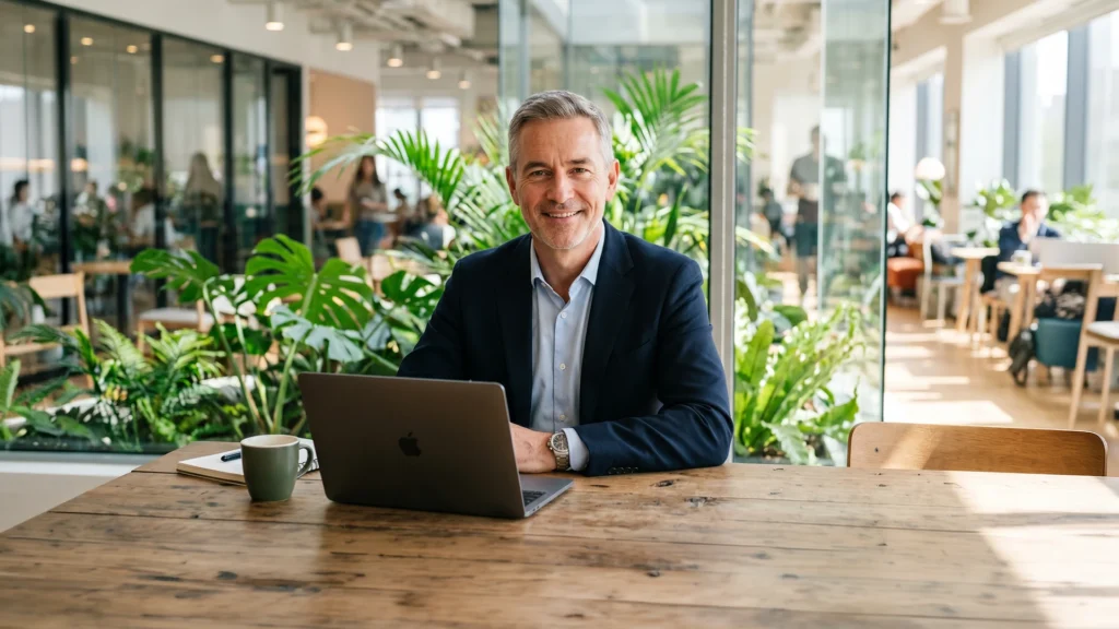 A mature man smiling and sitting at a table with his laptop.