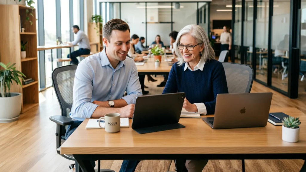 A man and a woman looking at a Pharma CRM on a tablet
