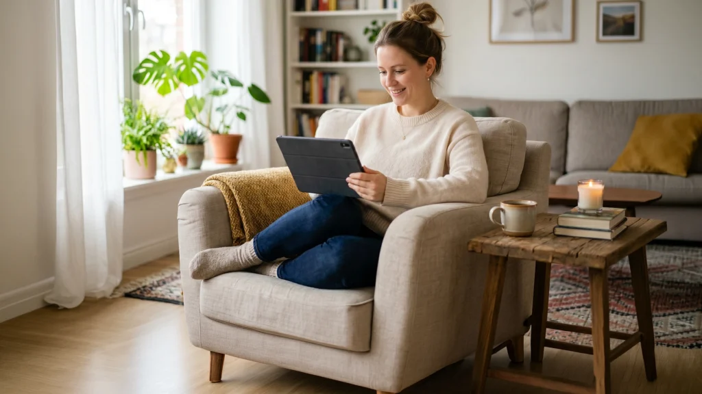 A woman sitting in a chair using a tablet to manage Pharma CRM software for sales cycle planning