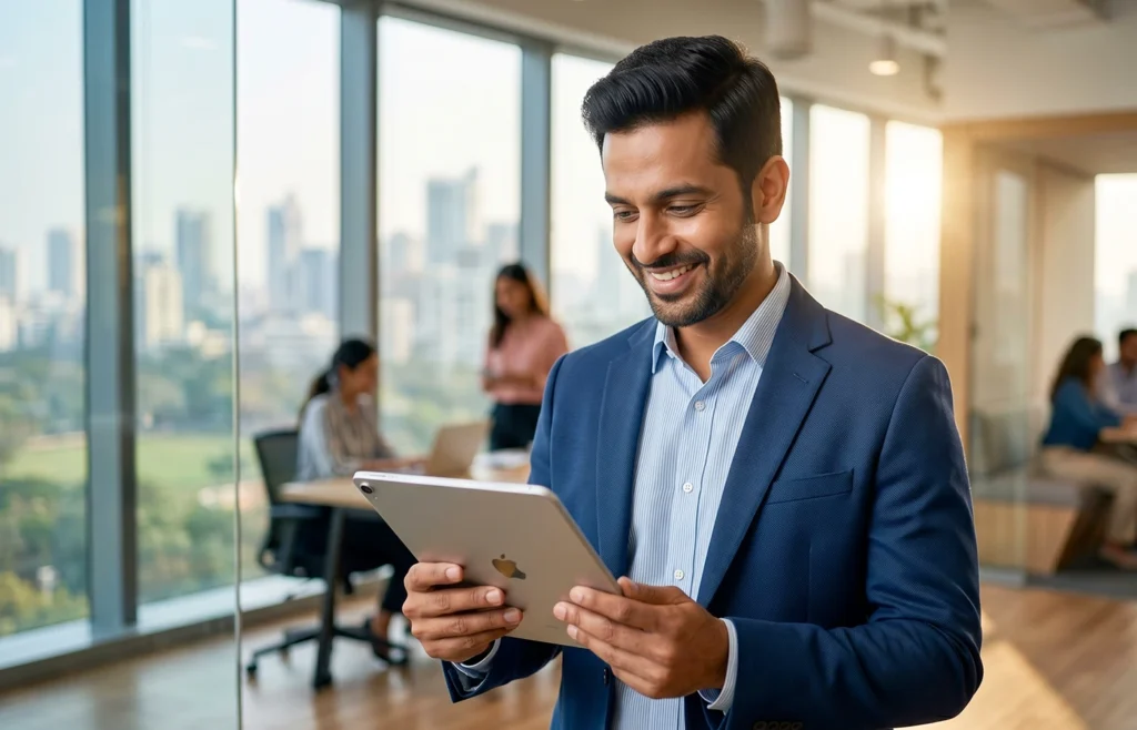 Indian pharma manager looking at a tablet and smiling
