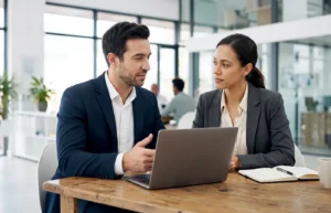 Two pharma buyers discussing transparent pharma CRM pricing
