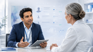 Medical rep filling in a call report and talking with a doctor/HCP