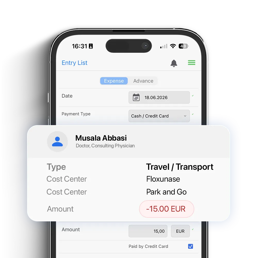 UI screen showing expenses linked an individual HCP visit