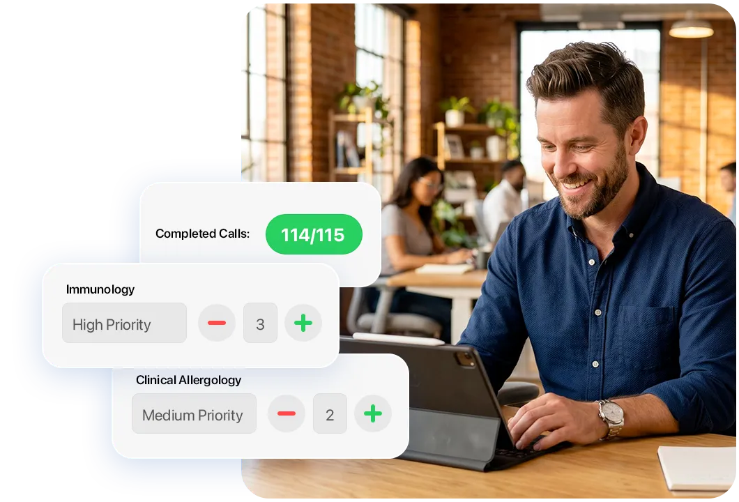 Image of smiling pharma sales manager planning on his iPad