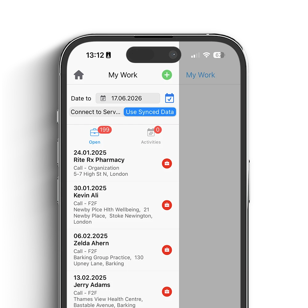 UI screen showing pharma CRM offline reporting capabilities