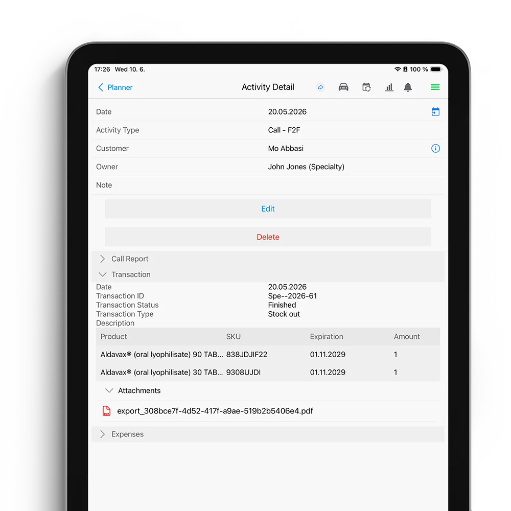 iPad UI screen showing sample distribution connected to HCPs