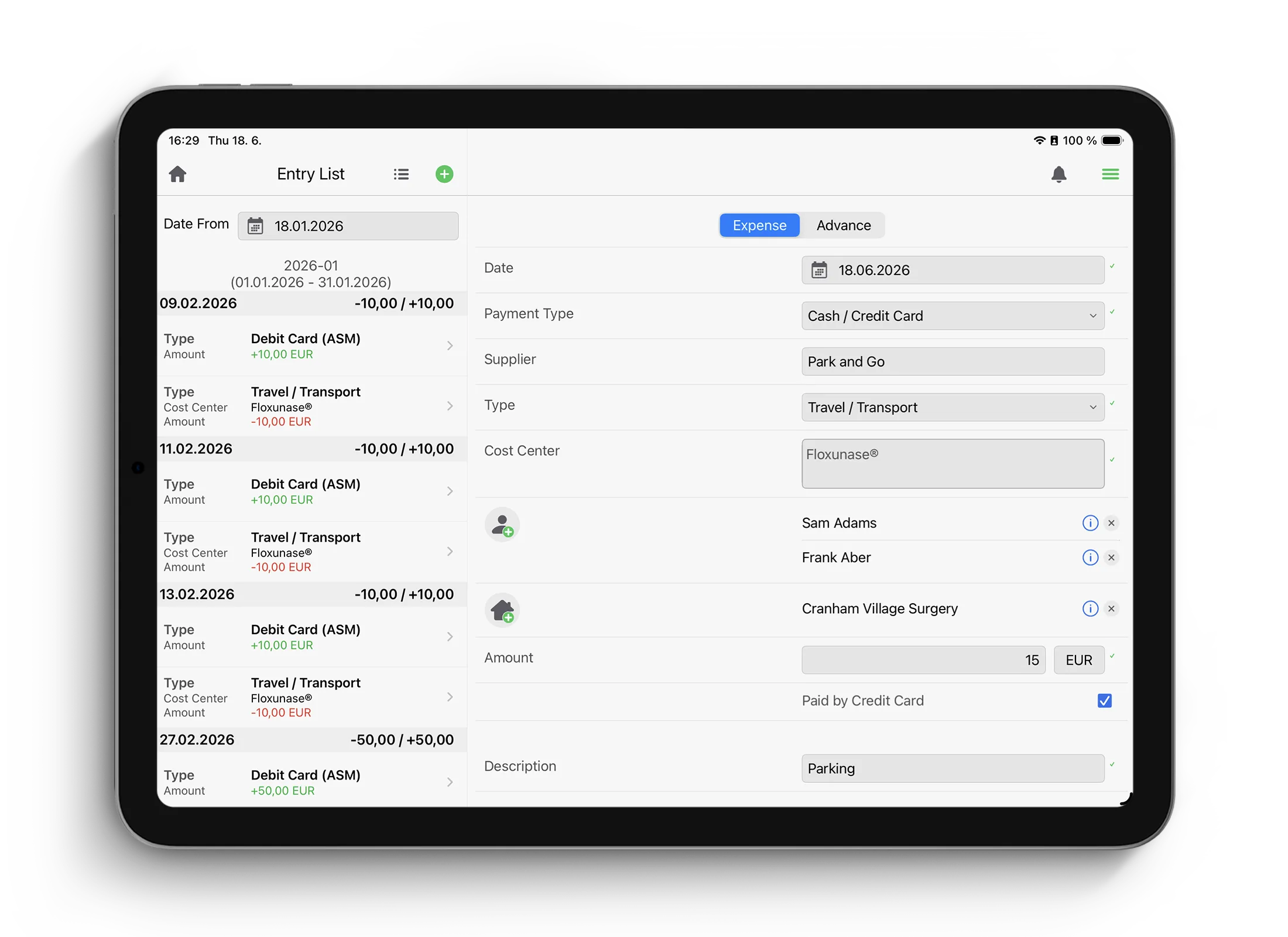 UI screen on iPad showing overview of field rep expenses