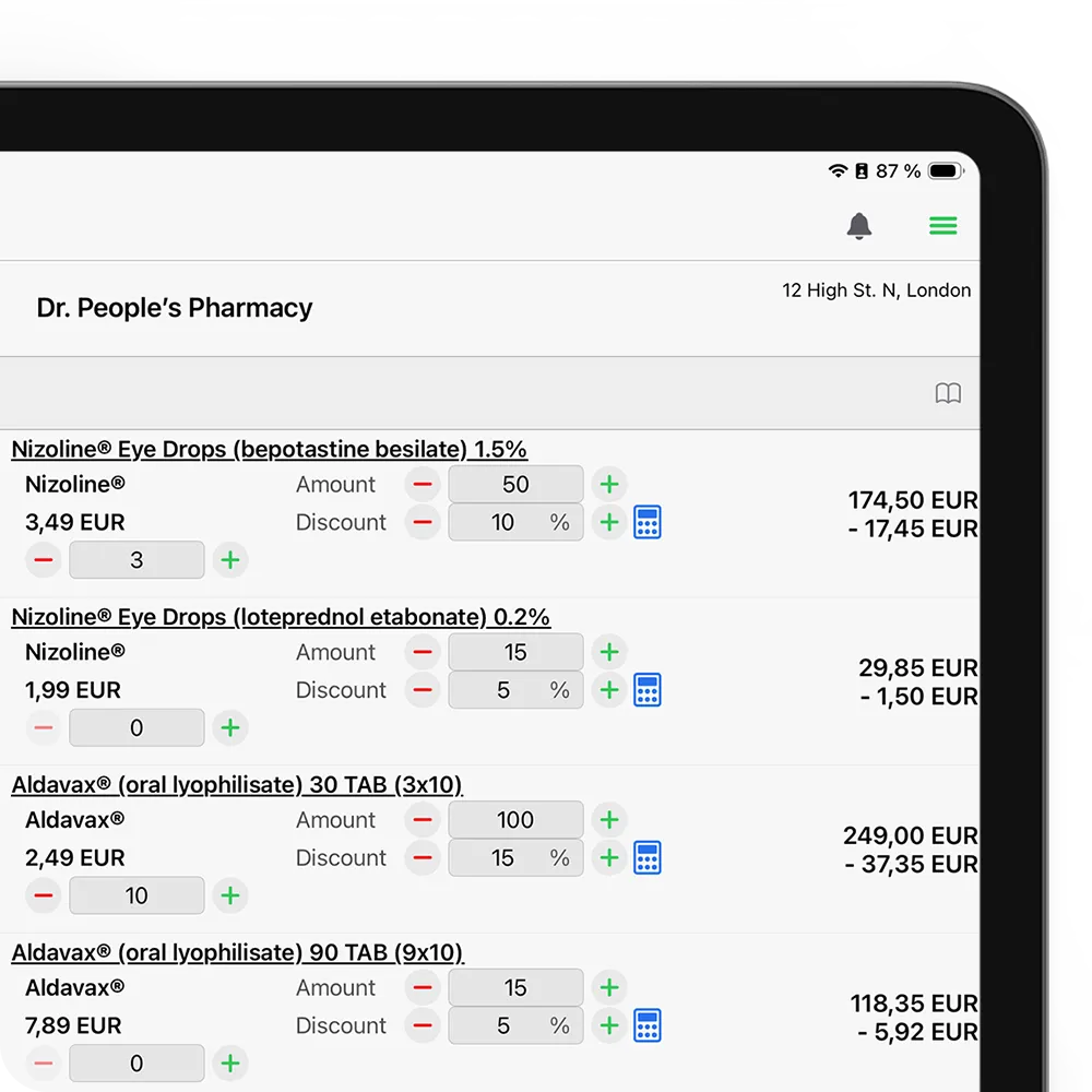 pharma discount and rebate management UI screen