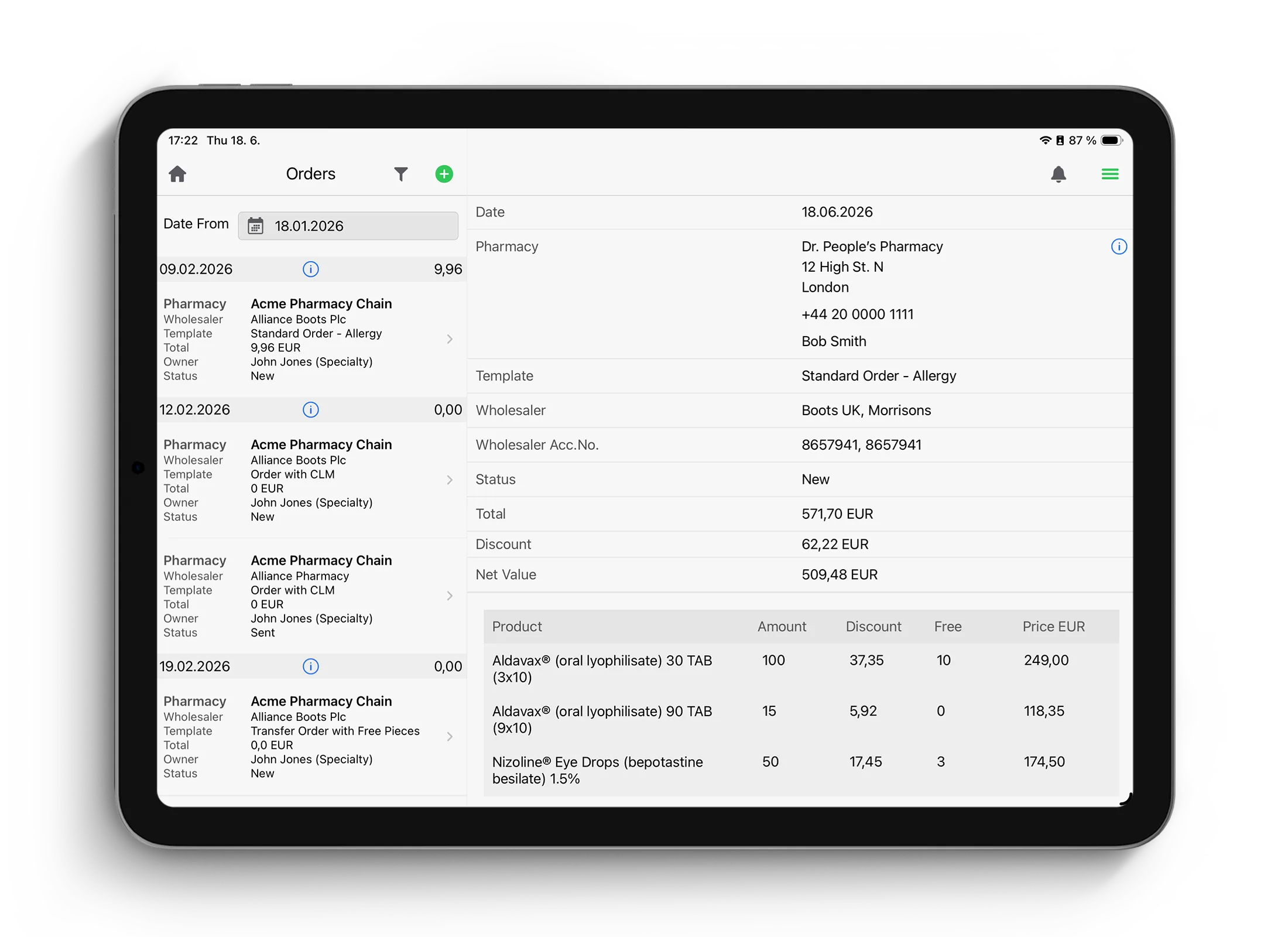 Pharma order management UI screen