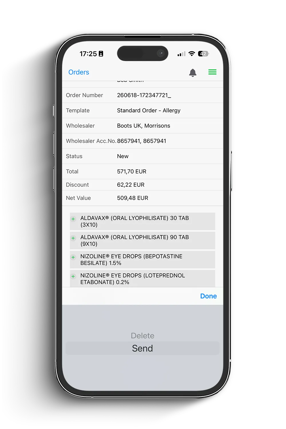 Pharma order compliance and workflow UI screen