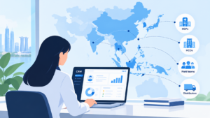 Illustration of an Asian pharma professional using a CRM to manage HCPs, HCOs, field teams, and distributors across Asia Pacific.