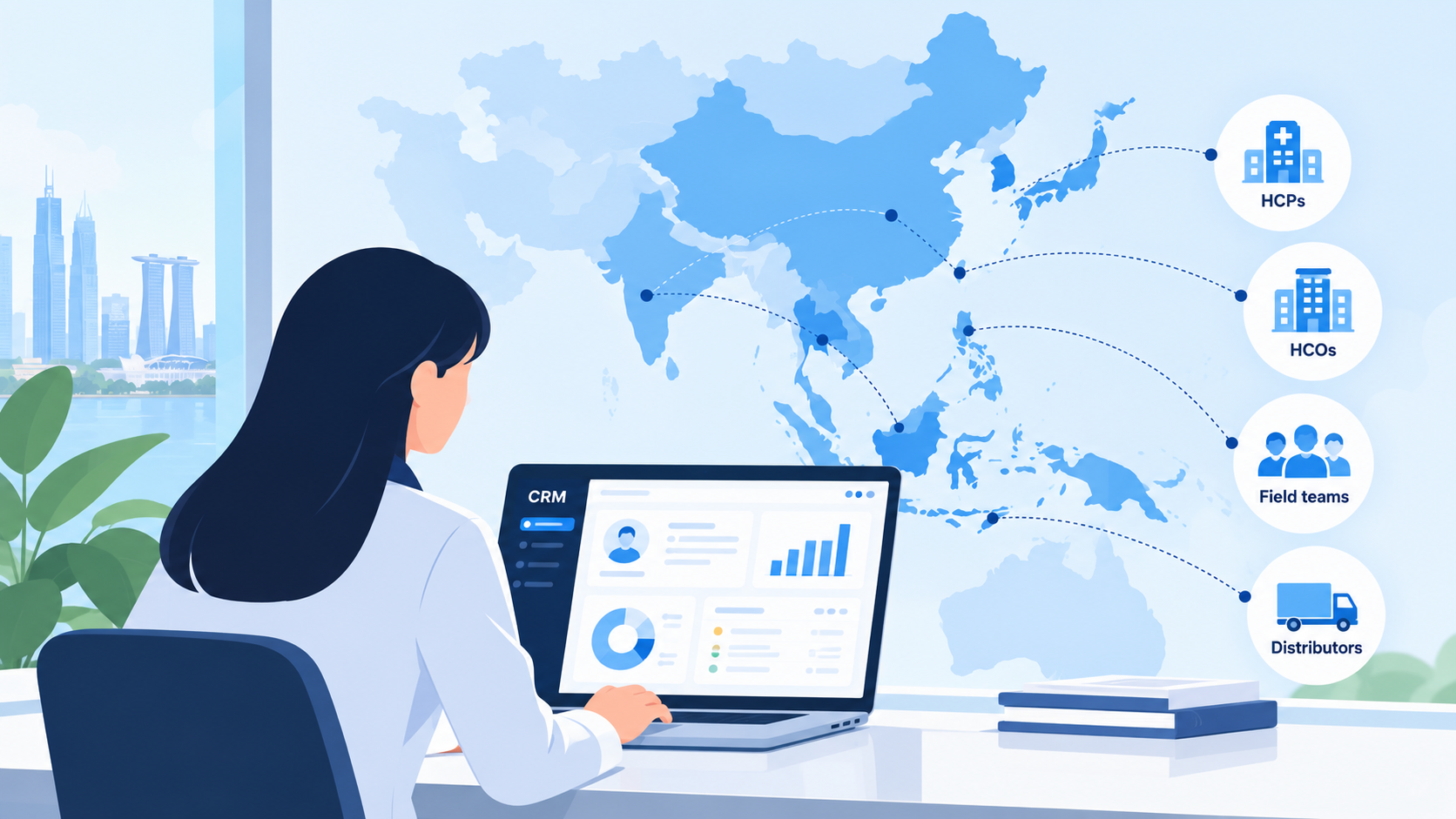 Illustration of an Asian pharma professional using a CRM to manage HCPs, HCOs, field teams, and distributors across Asia Pacific.